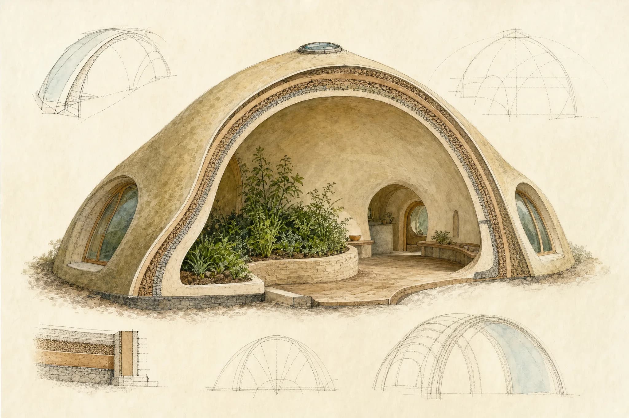 Survey plate — cutaway study of a compression-shell dome dwelling with catenary curves, an indoor garden and faint construction sketches