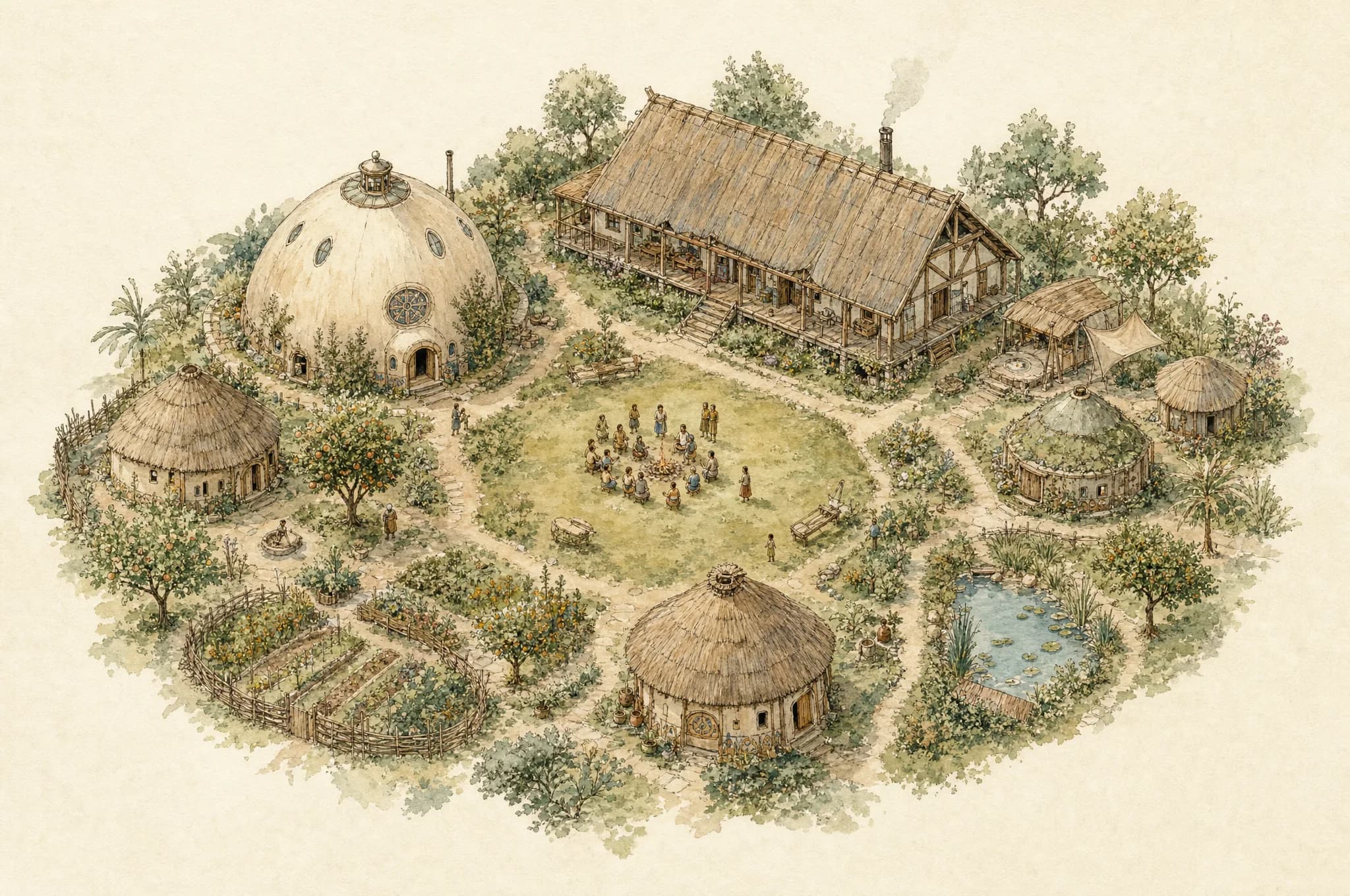 Survey plate — a small intentional village of domes, longhouses and round huts arranged around a shared commons with figures gathered at its center