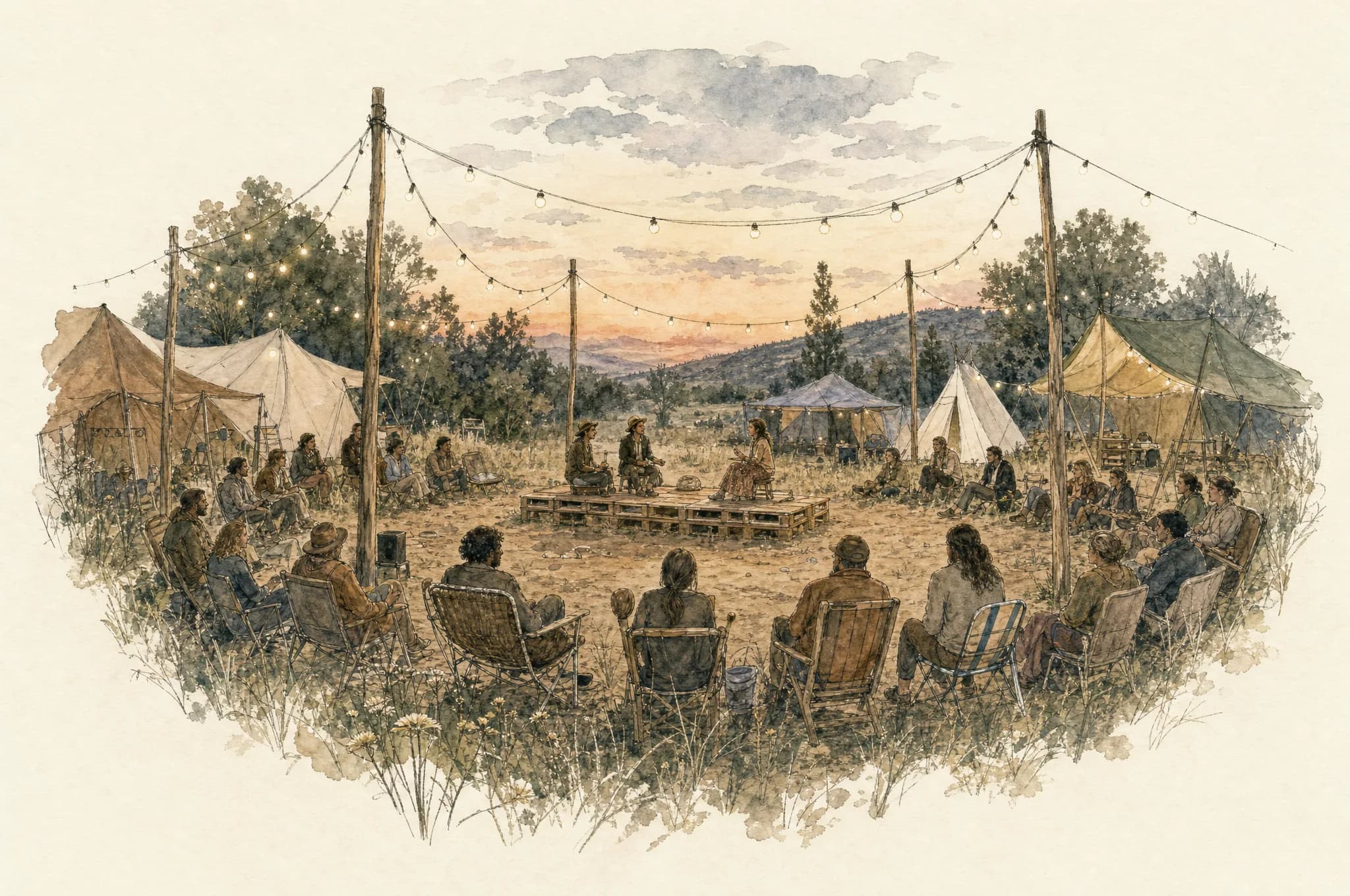 Survey plate — an open-air gathering circle of chairs and canvas tents under strung lights in a field at dusk