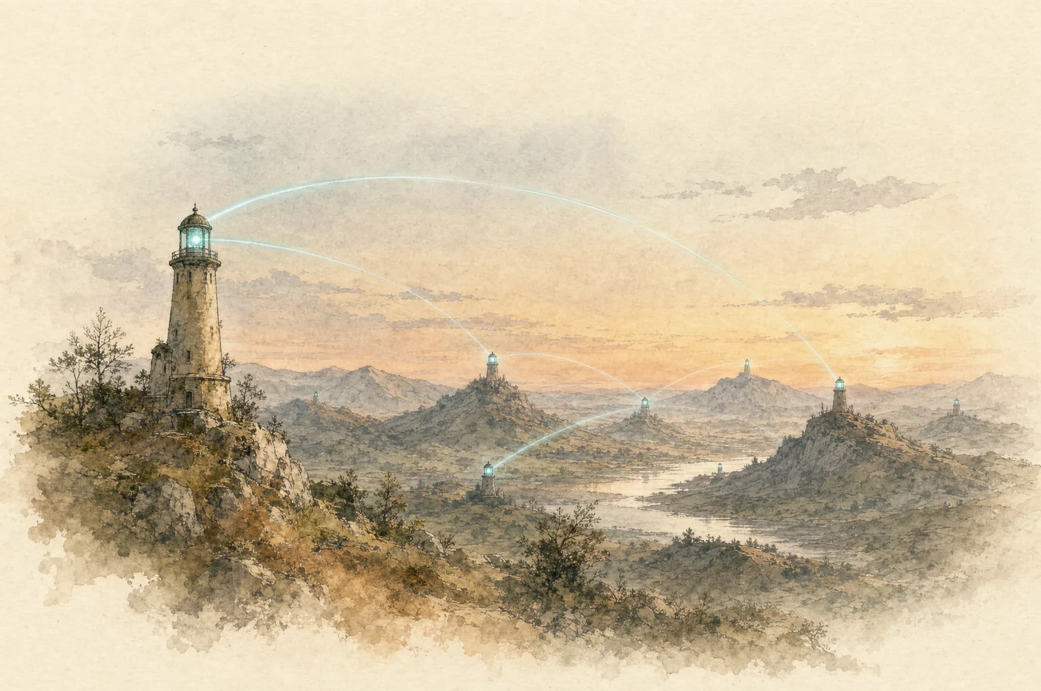Survey plate — a twilight valley dotted with small beacon towers exchanging arcs of soft cyan light across the hills