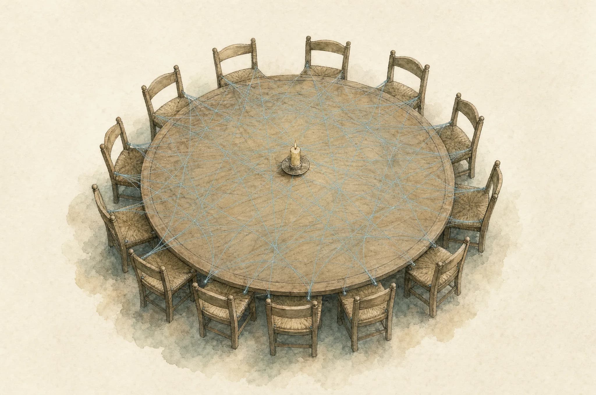Survey plate — a round council table with twelve chairs, fine cyan threads woven between every seat, a small candle at center
