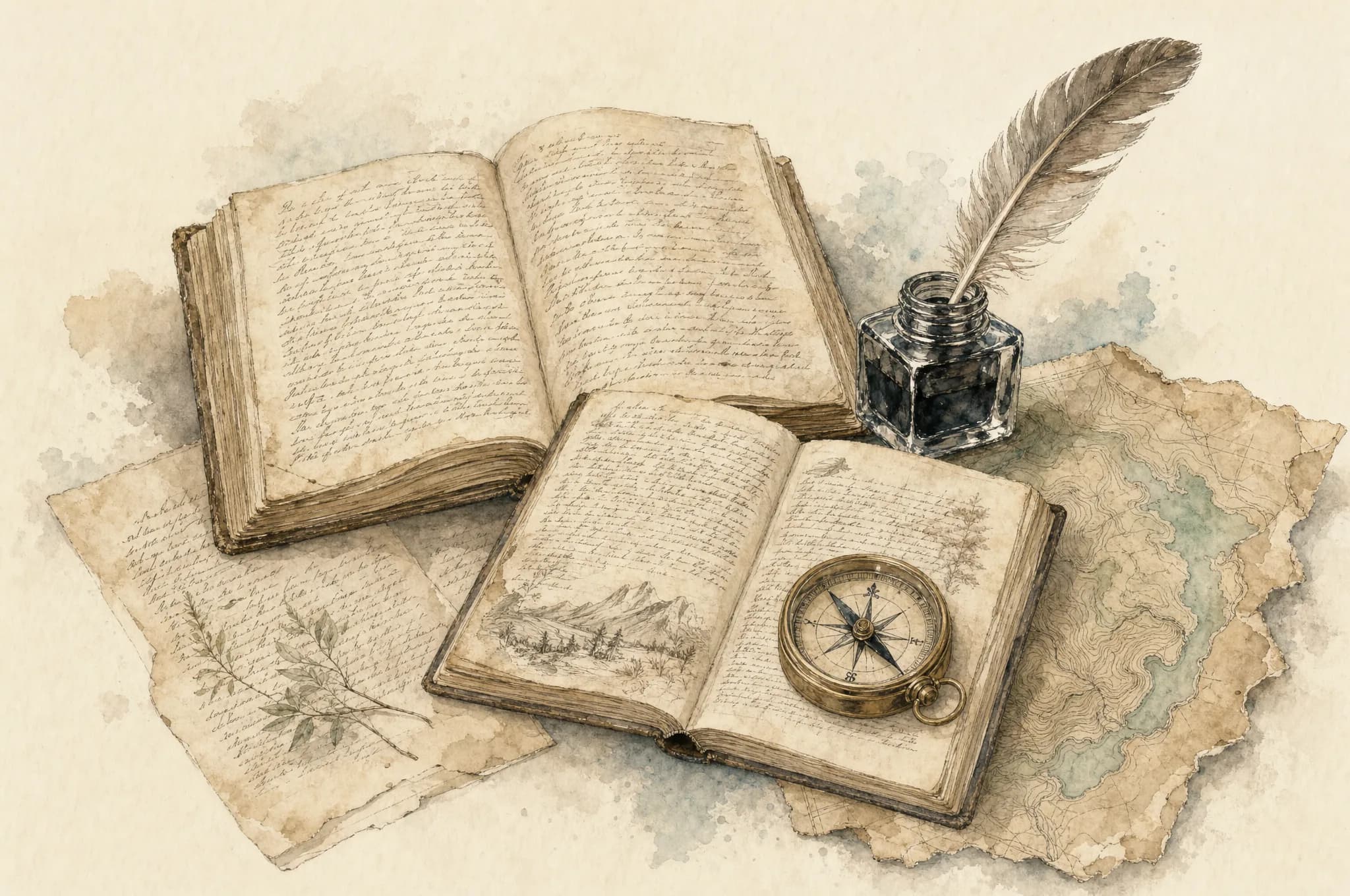 Survey plate — open handwritten books, manuscript leaves, an inkwell and quill, a torn map fragment and a brass compass