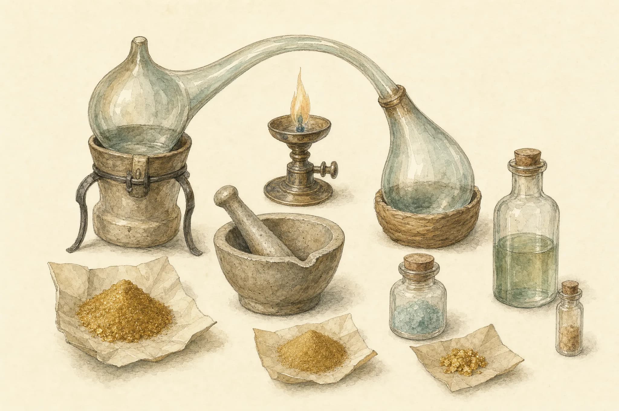 Survey plate — an alchemist's bench with glass alembics, mortar and pestle, and paper trays of gold powder specimens