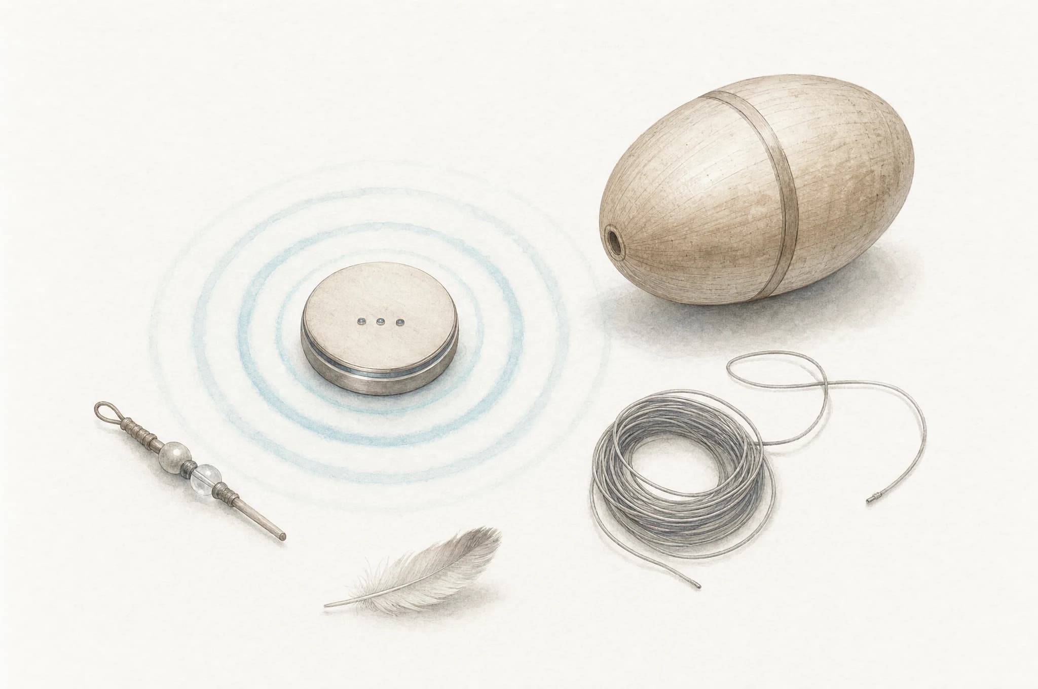 Survey specimen plate — a magnetic cell emitting concentric cyan rings, a wooden resonance egg, a coil and a feather on paper