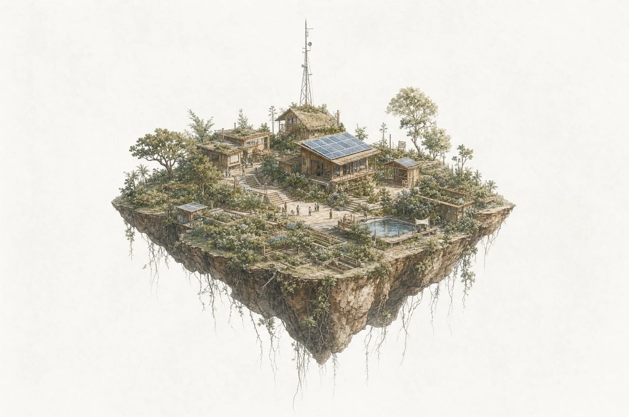 A small utopian frontier settlement — timber structures, solar terraces and gardens on a floating landmass, roots trailing into the void